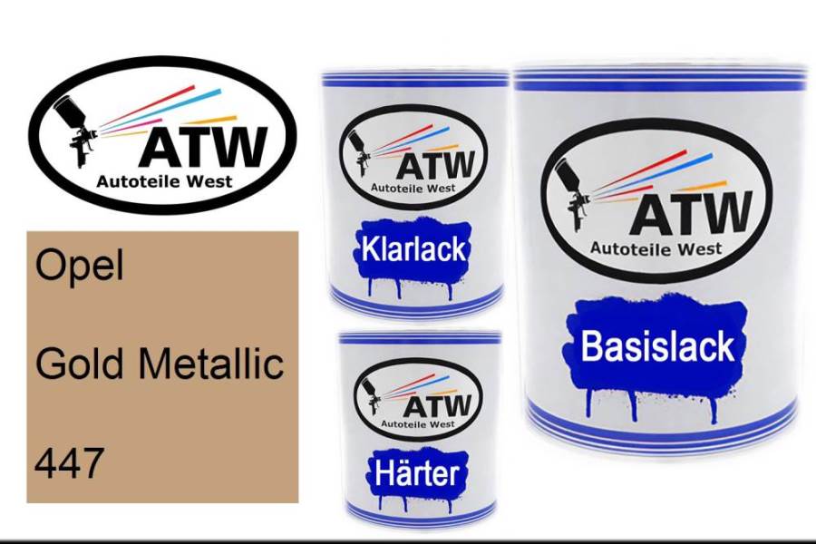 Opel, Gold Metallic, 447: 1L Lackdose + 1L Klarlack + 500ml Härter - Set, von ATW Autoteile West.